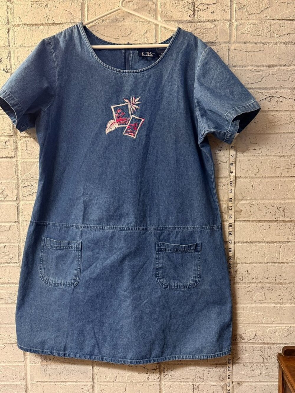 CB Casual Plus Denim Shift Dress 1X Embroidered Cotton Pockets Vintage